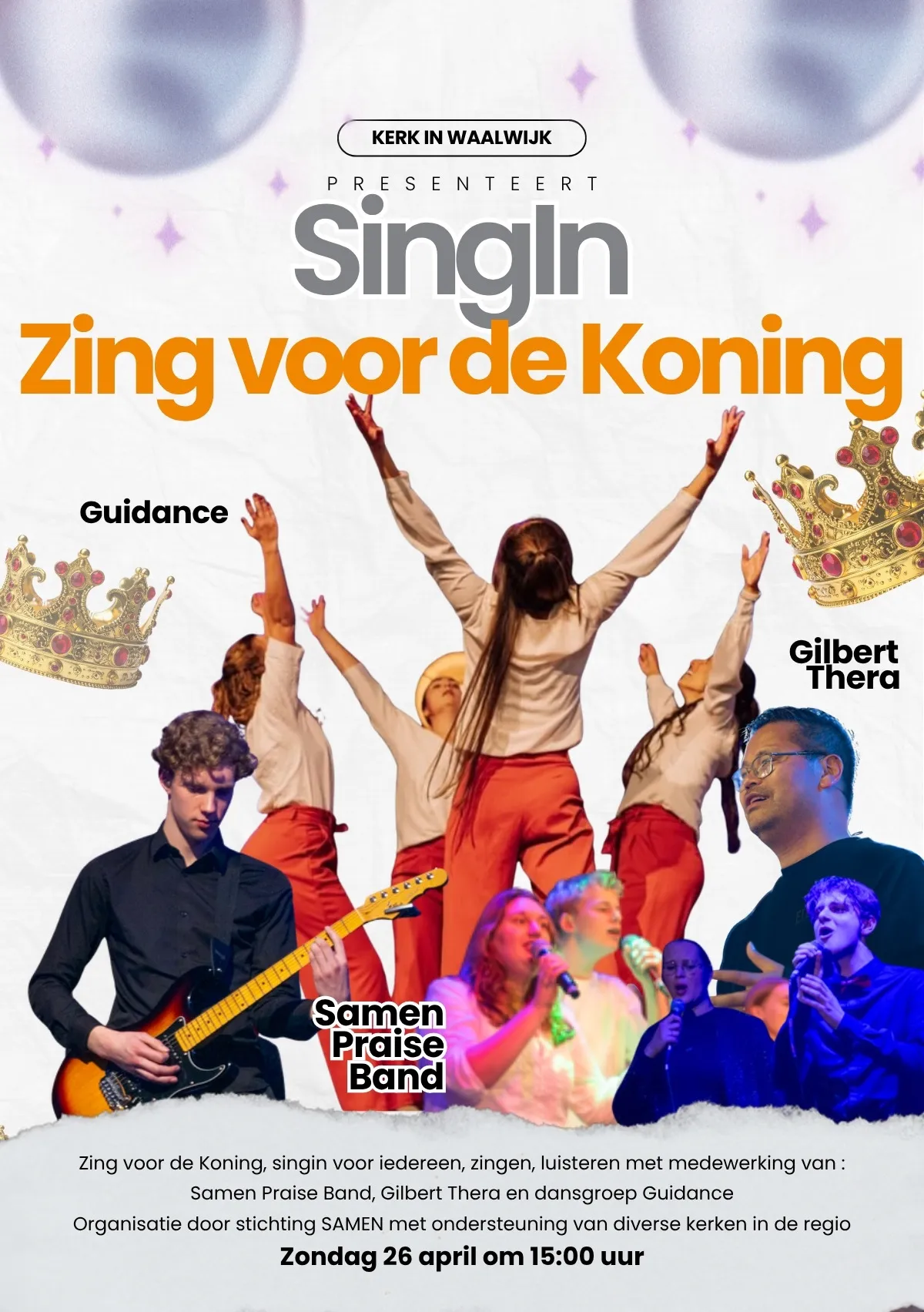 Folder van SingIn Zing voor de Koning met dansgroep Guidance, Gilbert Thera en de Samen Praise Band